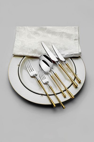 Nehir Marbella Gold Plain 12-Person 84-Piece Leather Boxed Cutlery Set