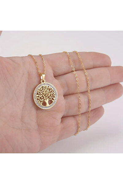 esplendor Altın Kaplama Hayat Ağacı Kolye 925 Ayar Gümüş -316L Paslanmaz Çelik Zincir