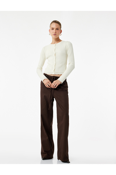 Koton Long Sleeve Viscose Blended Textured Button Crew Neck Knitwear Cardigan