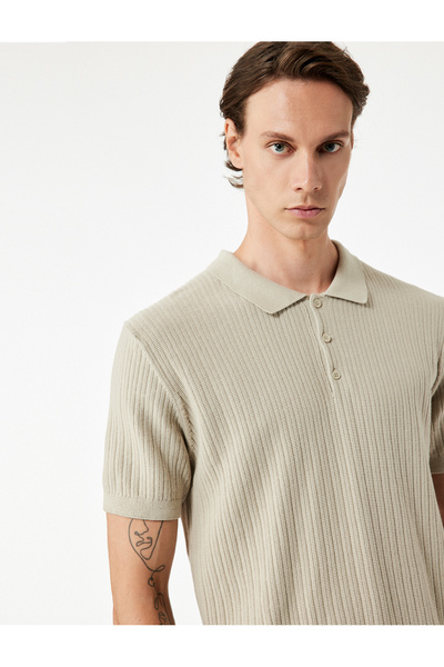 Koton Regular Fit Short Sleeve Cotton Textured Button Polo Neck Knitwear T-Shirt