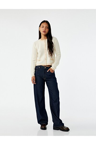 Koton Buttoned Pocket Detailed Minimal Patterned Long Sleeve Crew Neck Knitwear Cardigan
