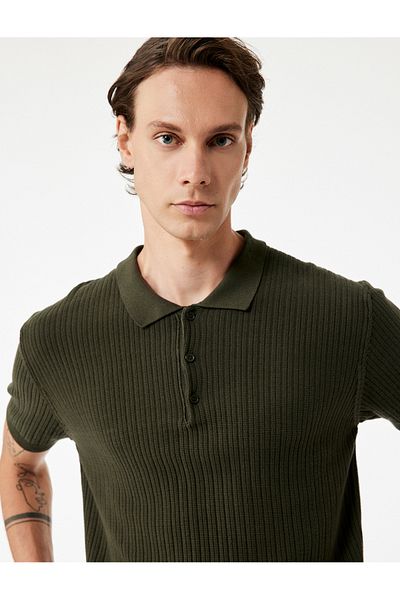 Koton Regular Fit Short Sleeve Cotton Textured Button Polo Neck Knitwear T-Shirt