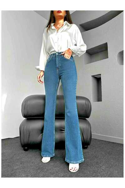 Ramrod Cocu Orta Mavi Ispanyol Paça Kot Pantolon Yüksek Bel Ispanyol Jeans Toparlayıcı( Extra Rahat)