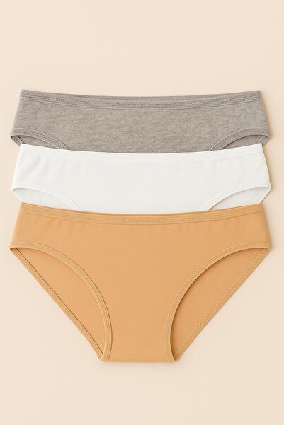 NIA UNDERWEAR Pamuklu Bikini Model Kadın Külot 3’lü Set – Gri / Beyaz / Ten - Standart Beden