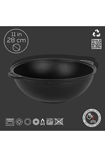 Lava Döküm Kazan 28 cm Cam Kapaklı Siyah Yuvarlak Tencere Tava Kazan Garantili