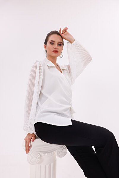 happinice Bluză din satin cu mâneci din șifon cu două rânduri de nasturi