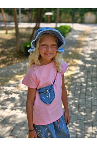 Hilal Akıncı Kids Tricou de culoare solidă pentru fete, blugi cu buzunar, geantă largi, pălărie, set de 4