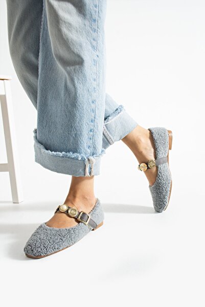 Slipcat Women's Plush Buckle Detail Flat Sole Home Ballerinas