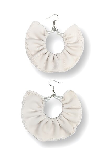 maia Women's Silver Color Hoop Dangle Earrings – Cream Denim Fabric Pearl Design