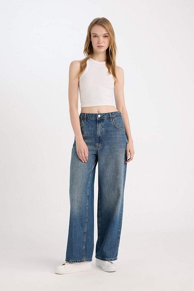 DeFacto Baggy Fit High Waist Folded Leg Ankle Length Washed Jean Pants D5441Ax24Au