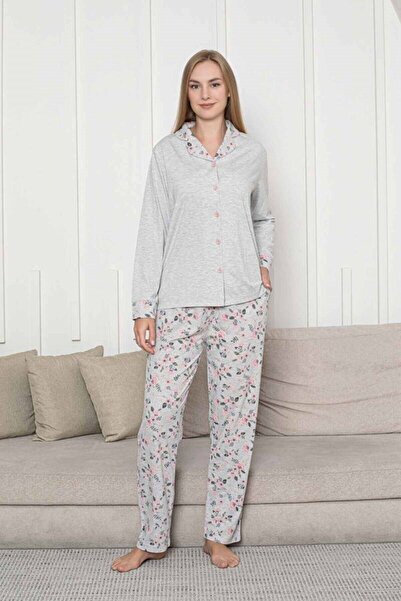 bie's Women's Gray Heart Pattern Transitional Button Front Shirt Collar Stretch Fabric Viscose Long Sleeve Pajama Set with Pockets