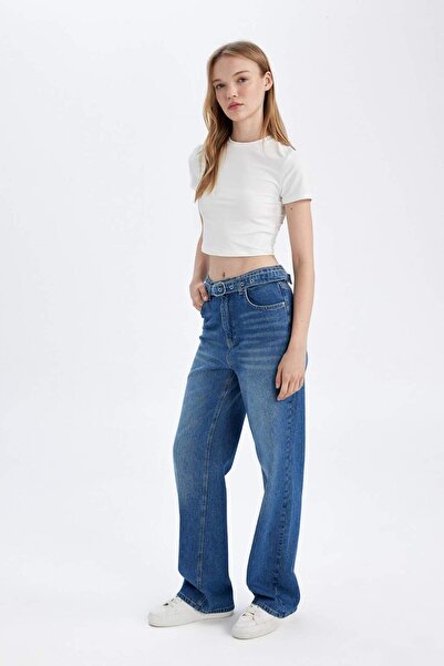 DeFacto 90's Wide Leg Yüksek Bel Geniş Paça Uzun Jean Yıkamalı Pantolon D1336AX24WN