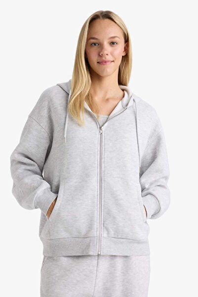 DeFacto Okul Relax Fit Kapüşonlu Cepli Basic Düz Fermuarlı Sweatshirt C1809AX24SP