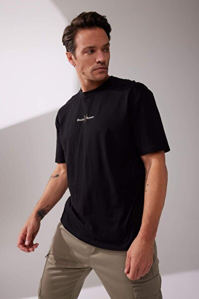 DeFacto Oversize φαρδύ λαιμόκοψη με στάμπα με κοντό μανίκι 100% βαμβακερό μπλουζάκι Z6083AZ23SM