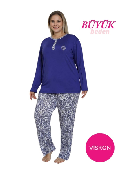 bie's Women's Saks Blue 3 Button Ethnic Pattern Lycra Viscose Long Sleeve Pajama Set