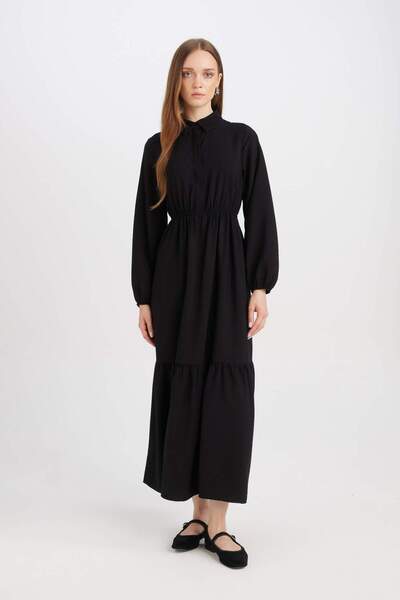 DeFacto Langärmliges Maxikleid mit Hemdkragen – gerader Knopf und Kordelzug an der Taille D5851AX25SP
