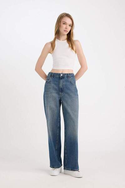 DeFacto Baggy Fit High Waist Folded Leg Ankle Length Washed Jean Pants D5441Ax24Au