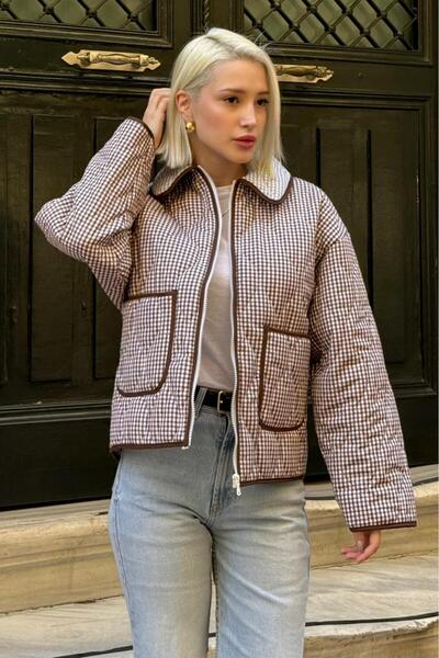 Madmext Καφέ Gingham Γυναικείο Παλτό με Τσέπες Mg2488