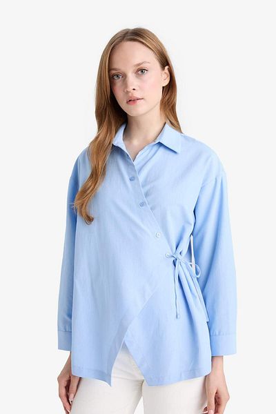 DeFacto Regular Fit Shirt Collar Front Tie Poplin Long Sleeve Shirt Tunic F8347Ax25Au