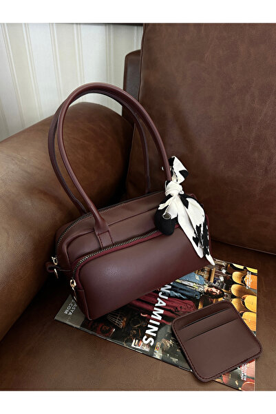 NOTHING Women's Burgundy Two-Eye Adjustable Strap Hand and Shoulder Bag with Scarf and Card Holder Gift Selen