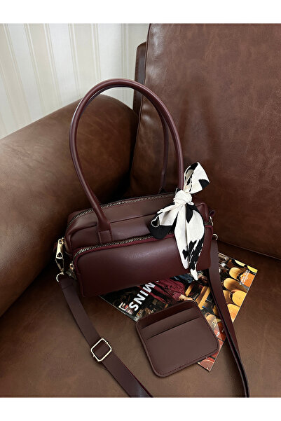 NOTHING Women's Burgundy Two-Eye Adjustable Strap Hand and Shoulder Bag with Scarf and Card Holder Gift Selen