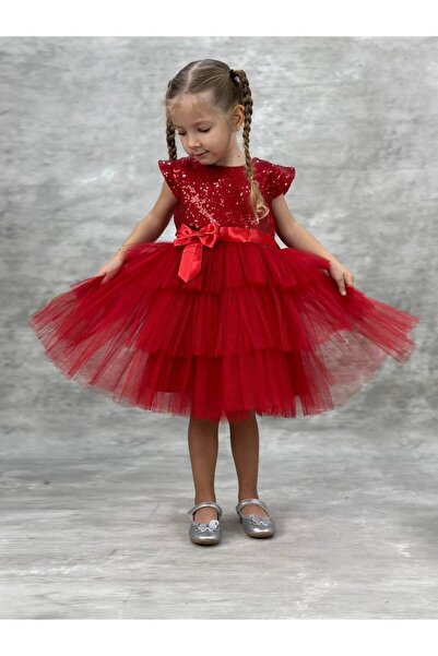 BİLGEN Style KIZ ÇOCUK PUL İŞLEMELİ KAT KAT KIRMIZI ABİYE ELBİSE