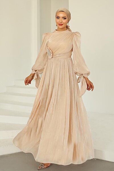 Olcay Βραδινό φόρεμα Yoyo με μεταξωτό χιτζάμπ με λεπτομέρεια από πιέτες και πέτρες CREAM 1244