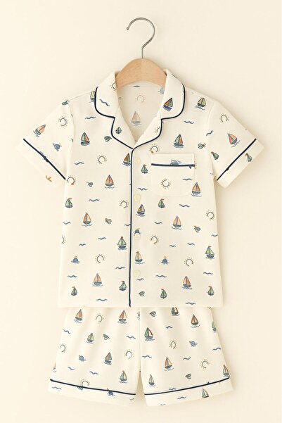 Katia&Bony Children's Seageo Sailing Patterned Buttoned Shorts Pajama Set Ecru