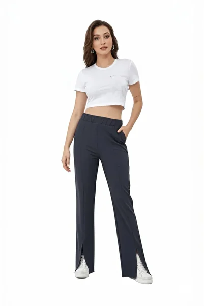 Oppland Women's High Waist Elastic Palazzo Trousers with Grass Pocket Crepe Fabric Slit Full Fit