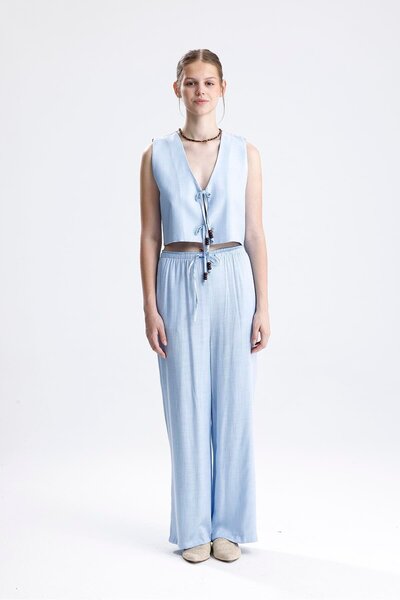 VAPUR TEKSTİL Linen Double Suit with Tie-Up Beaded Vest