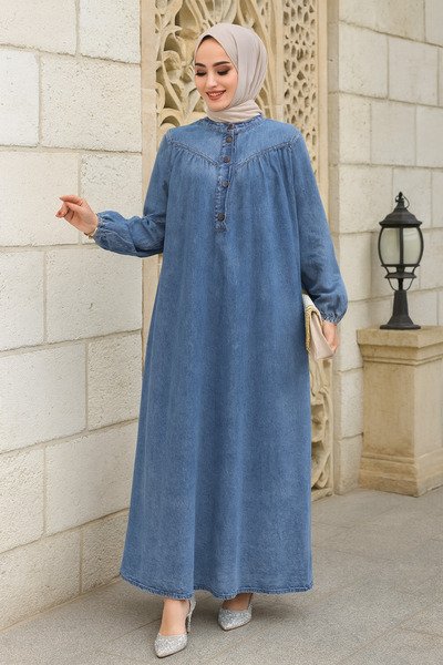Neva Style Buttoned Denim Dark Blue Hijab Dress 19137Km