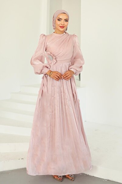 Olcay Βραδινό φόρεμα Yoyo μεταξωτό με λεπτομέρεια με πιέτες και κορδόνια PUDRA 1244