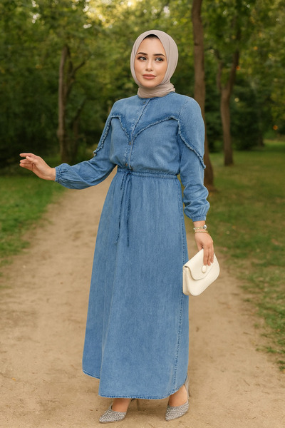 Neva Style Buttoned Denim Dark Blue Hijab Dress 19136Km