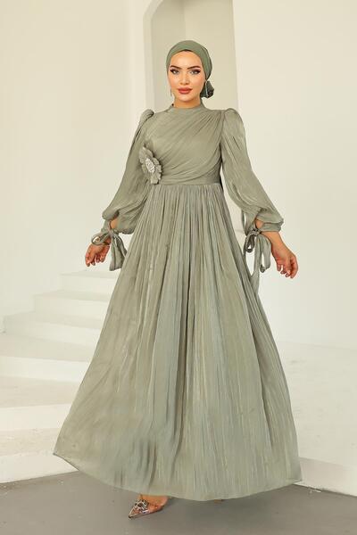 Olcay Yoyo-Seiden-Hijab-Abendkleid mit Plissee- und Steinbroschendetail, Hellgrün 1244