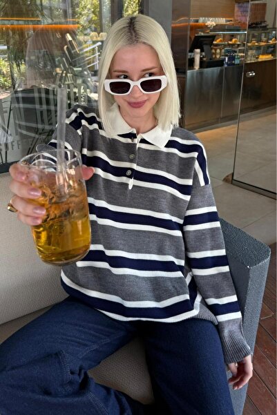 Madmext Anthracite Striped Buttoned Polo Neck Women's Knitwear Sweater Mg2280