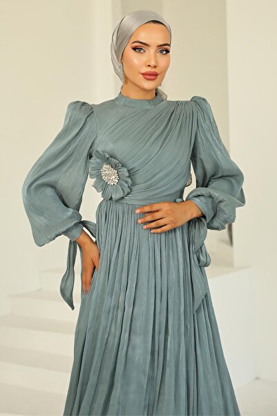 Olcay Βραδινό φόρεμα Yoyo μεταξωτό με λεπτομέρεια με πιέτες και κορδόνια, ΜΠΛΕ ΝΕΡΟΥ 1244