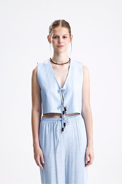 VAPUR TEKSTİL Linen Double Suit with Tie-Up Beaded Vest