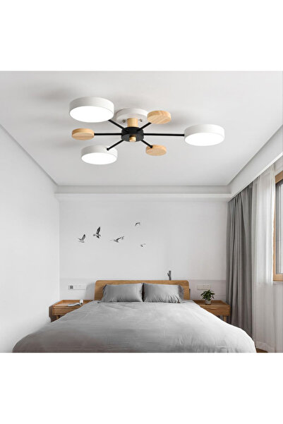 SimaAvize Modern Ahşap Detaylı Led Avize Beyaz 3'lü