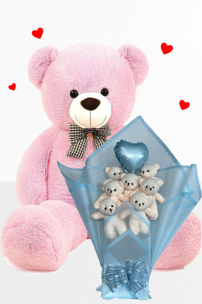 Sole Plush Bear 90 cm Birthday Gift Set Blue Bouquet with Teddy Bear and Balloon Heart for Special Occasion