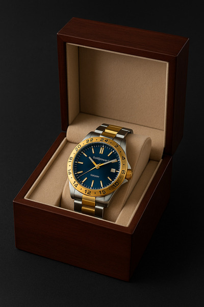 Gold Power Model Luxury Steel Gold Inside Navy Blue Color Case Flip Detailed Calendar Men's Wrist Watch