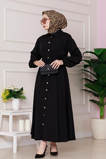 Sevitli Beli Lastik Detaylı Yasemin Elbise-Siyah