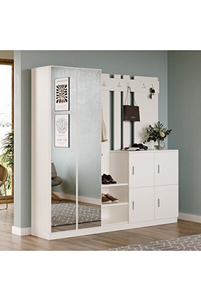 Yurupa Deep Aynalı Vestiyer Portmanto Ayakkabılık Raflı 6 Kapaklı Beyaz DEP9-W
