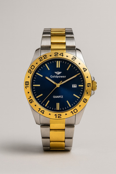 Gold Power Model Luxury Steel Gold Inside Navy Blue Color Case Flip Detailed Calendar Men's Wrist Watch