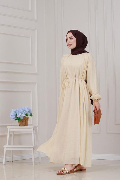 Sevitli Pera Dress with Tie-Up at the Waist-Cream