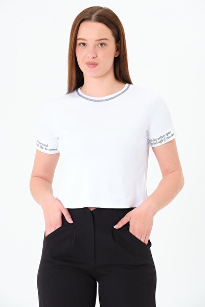 Sortie Collection Women's Crew Neck Slit Short Sleeve Printed White Crop Cotton T-Shirt Md1071