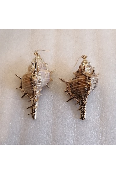 Butik Tülin Women's Authentic Handmade Natural Seashell Devil Minaret Gold Gilded Earrings 8X4 cm Indian