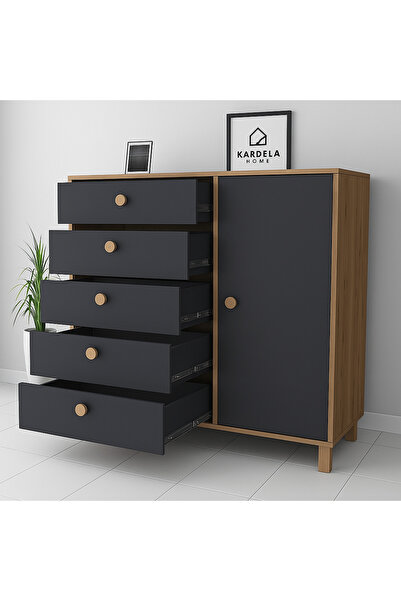 Kardelahome Kardela %100 Mdf Bebek Odası Çocuk Şifonyer 5 Çekmeceli Kapaklı Antrasit Atlantik Çam