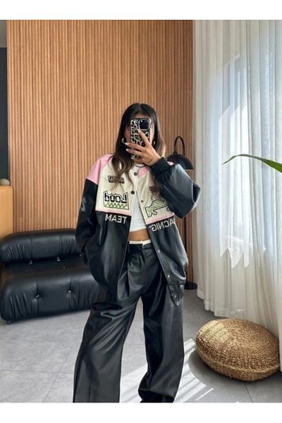 Le Savu Shilsee Women's Oversize Bomber Text Patterned Black Pink Biker Leather Jacket