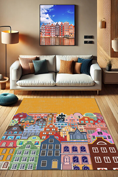 The Reef Design Amsterdam Şehir Desenli Halı Dijital Baskılı Pamuk Dokuma Kay...