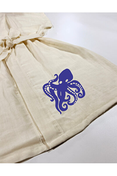 Kidilia Navy Blue Octopus Visual Ecru Color Low Sleeve Muslin Kimono